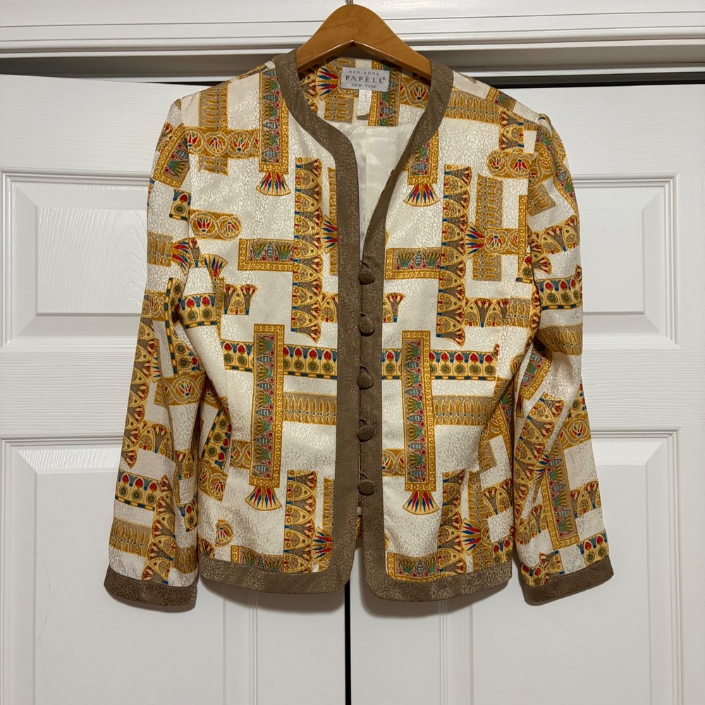 Adrianna Papell Silk Blazer Women 10 Brown Cream Print Vintage Fall Core Avant